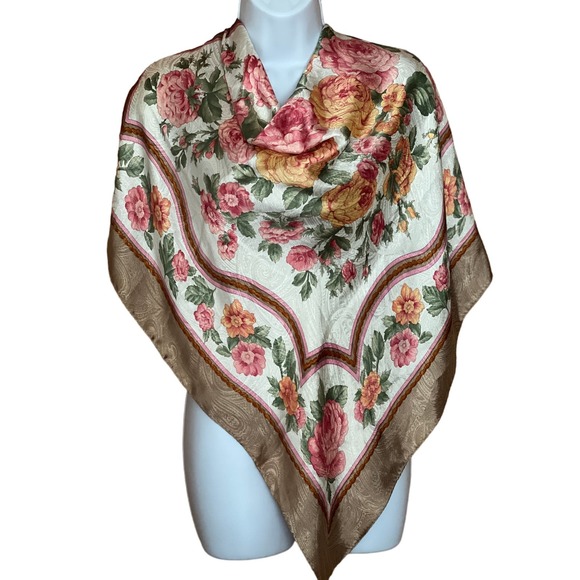 Casca Floral Square Scarf Cabbage Rose Silky Golden Shimmery Hand Rolled Hem 35" - Picture 2 of 14